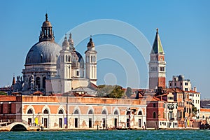 Santa Maria della Salute and St. Mark`s Campanile in Venice, Ita