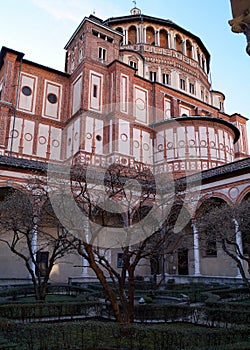 Santa Maria delle Grazie, view from the cloister in contrast of afternoon light and shadows, Milan, Italy