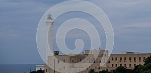 Santa Maria di Leuca, Italy. Photograph taken from the road of the iconic lighthouse located next to Basilica De Finibus Terrae