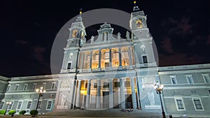 Santa Maria la Real de La Almudena in night timelapse hyperlapse - Cathedral in Madrid, Spain