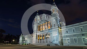 Santa Maria la Real de La Almudena in night timelapse hyperlapse in Madrid, Spain