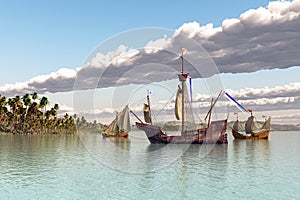 Santa Maria, Nina and Pinta of Christopher Columbus in front of an island