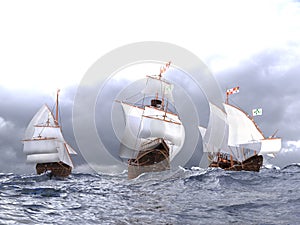 Santa Maria Pinta and Nina a Christopher Columbus fleet 3D rendered image in high quality in HDR