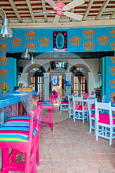 SANTA MARTA, COLOMBIA - OCOTBER 10, 2017: Beautiful indoor view of colorful restaurant in Santa Marta, Colombia