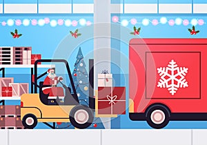 Santa in mask forklift truck loading colorful gifts in lorry truck merry christmas happy new year delivery service