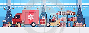 Santa in mask forklift truck loading colorful gifts in lorry truck merry christmas happy new year express delivery