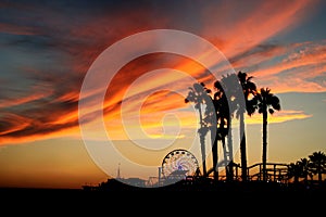 Santa Monica Pier and Palm Trees at Sunset