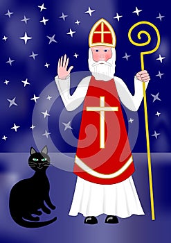 Santa Nicolas and black cat on night background with stars
