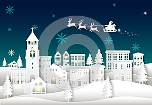 Santa on night sky in city town paper art Winter background. Christmas season paper cut style illustration