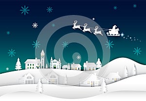 Santa on night sky in village paper art Winter background