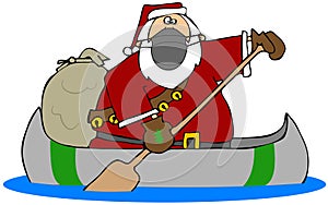 Santa paddling a canoe and wearing a face mask