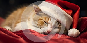 Santa Paws Relaxes - cat is nestled on a vibrant red blanket