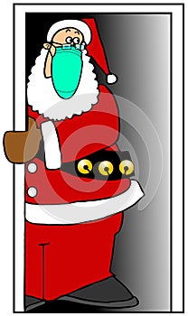 Santa peeking from a doorway and wearing a face mask