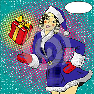 Santa pin up girl holding a gift. Vector illustration in comic pop art style.