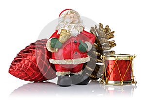 Santa with pine cones and toy drum. Christmas ornaments isolated