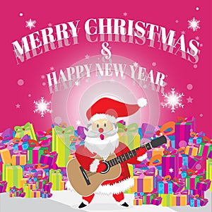 Santa Play Guitar Merry Christmas Pink Background Best Gift Cartoon