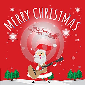 Santa Play Guitar Merry Christmas Red Background Tree Cartoon