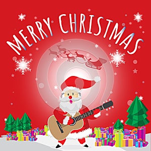 Santa Play Guitar Merry Christmas Red Background Tree and Gift Cartoon