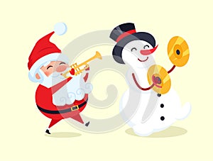 Santa Playing on Trumpet, Snowman with Drum Cymbal