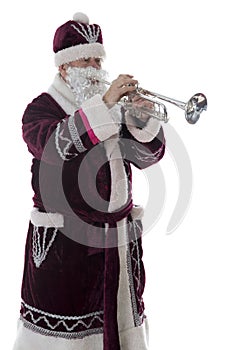 Santa plays the trumpet on a white