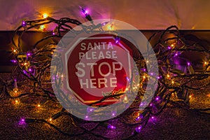 Santa Please Stop Here Sign and Christmas Lights