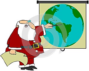Santa Pointing At A World Globe