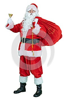 Santa with presents sack and rings bell. Santa Claus is holding gifts bag, ringing bell on white background. Christmas
