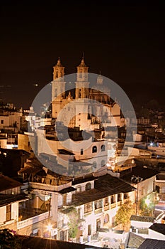 Santa Prisca cathedral at night, in Taxco, guerrero, mexico.