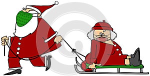 Santa pulling Mrs. Claus on a sleigh both wearing face masks