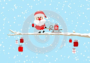 Santa Pulling Sleigh With Gift On Bough Light Blue