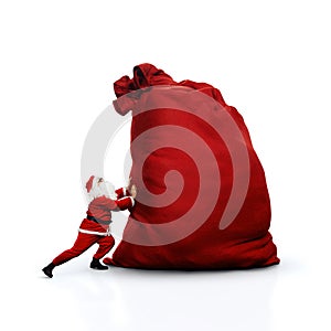 Santa pushing huge sack. Isolated on white.