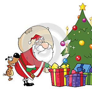 Santa put gifts under the christmas tree