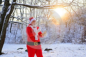 Santa reading wishlist in the winter field snowy forest. Santa Claus on Christmas Eve.