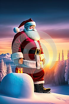 Santa with red gift on snow mountain at sunset