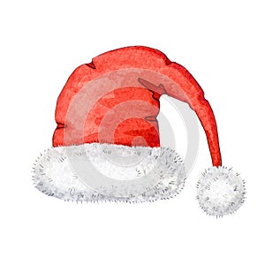 Santa red hat watercolor illustration. Hand painted winter festive traditional head decoration. Santa red cap with white
