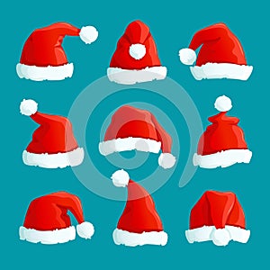 Santa red hats. Christmas funny caps. Santa clothes warm hat. Isolated vector set