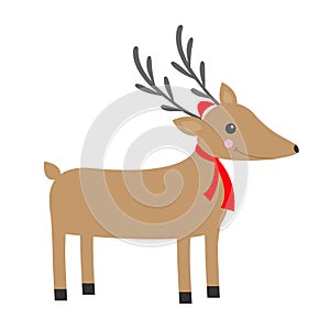 Santa reindeeer head. Cute cartoon deer with horns, red Santa Claus hat, scarf. Merry christmas. White background. Isolated. Greet