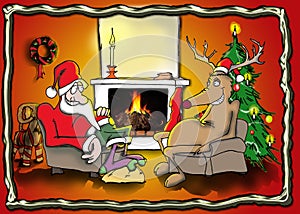 Santa and reindeer by the fire photo