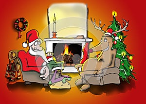 Santa and reindeer by the fire photo