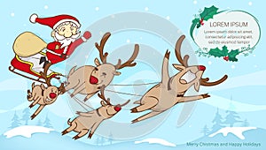 Santa and reindeer flying and text frame,merry christmas text fr