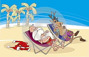 Santa and reindeer having a rest on the beach