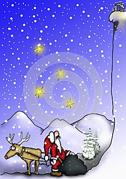 Santa and reindeer by the mountain photo