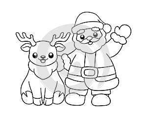 Santa with reindeer outline line art doodle cartoon illustration. Winter Christmas theme coloring book page activity for kids and