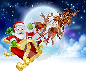 Santa Reindeer Sleigh Cartoon Christmas Scene