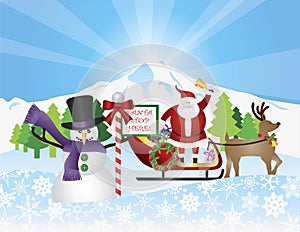 Santa on Reindeer Sleigh With Snow Scene