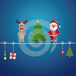 Santa reindeer tree twine blue background