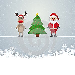 Santa reindeer tree twine snowy background