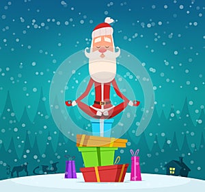 Santa relax meditation. Winter christmas holiday character santa claus doing yoga exercices outdoor vector mascot design