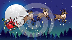 Santa ride sleigh pulled by his reindeers over the night