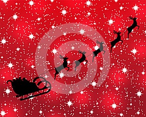 Santa rides a reindeer on a red background with st